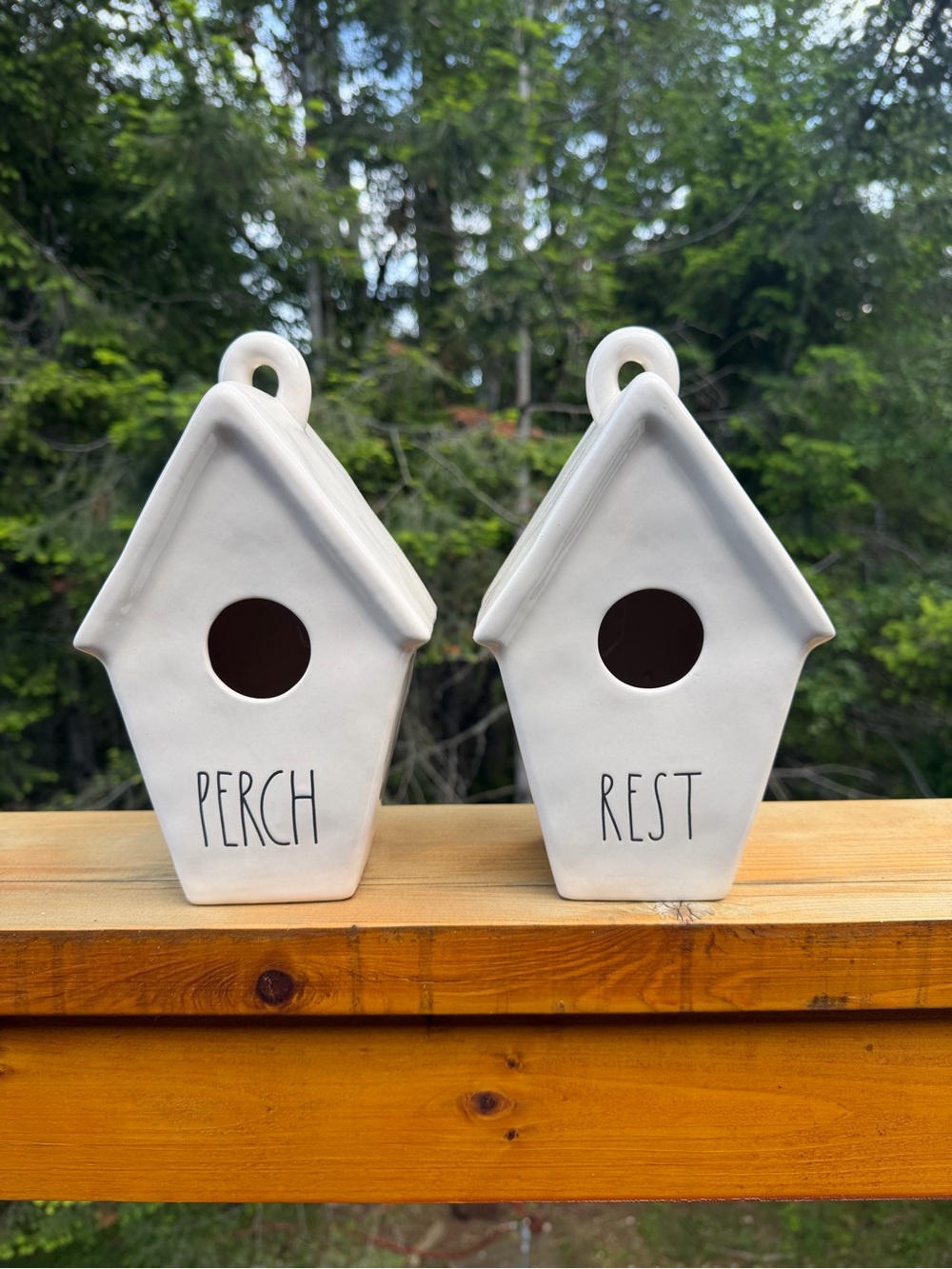 Rae Dunn White Ceramic Birdhouse Pair "PERCH" & "REST"